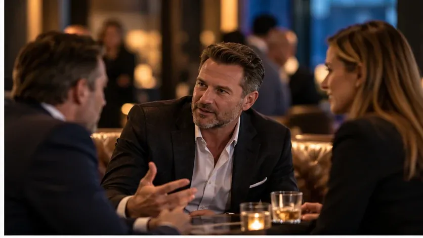 Three business owners in a focused one-on-one networking conversation over drinks