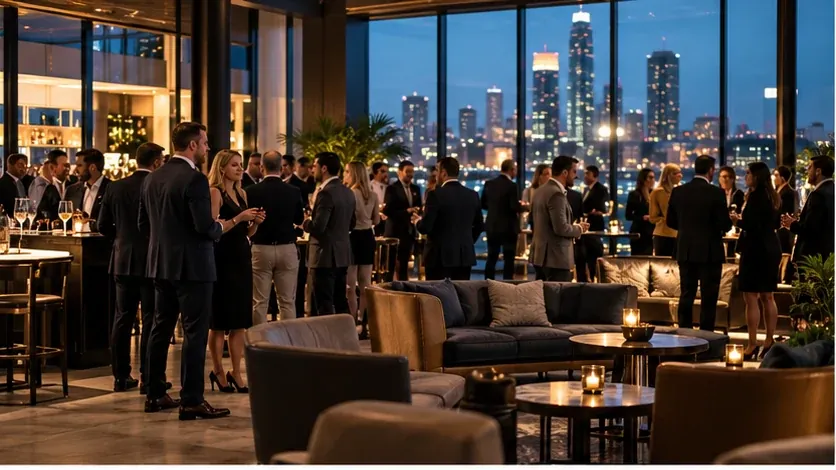 Business owners and investors networking in an upscale lounge overlooking a city skyline at night