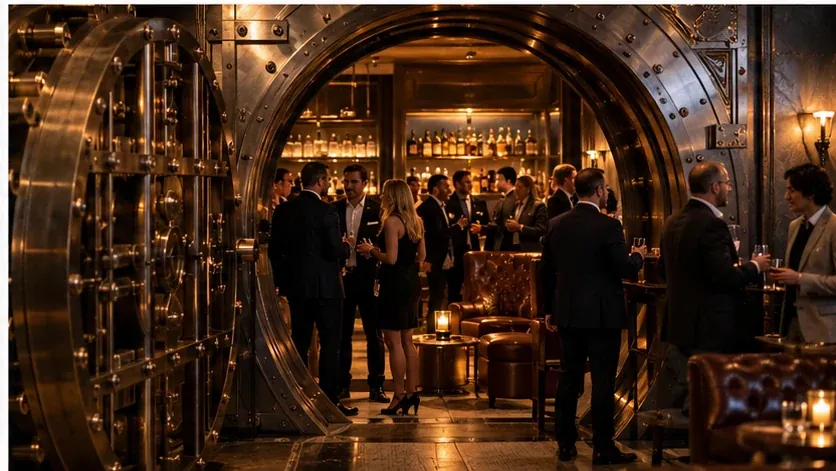Guests networking inside a speakeasy-style bar built into a historic bank vault